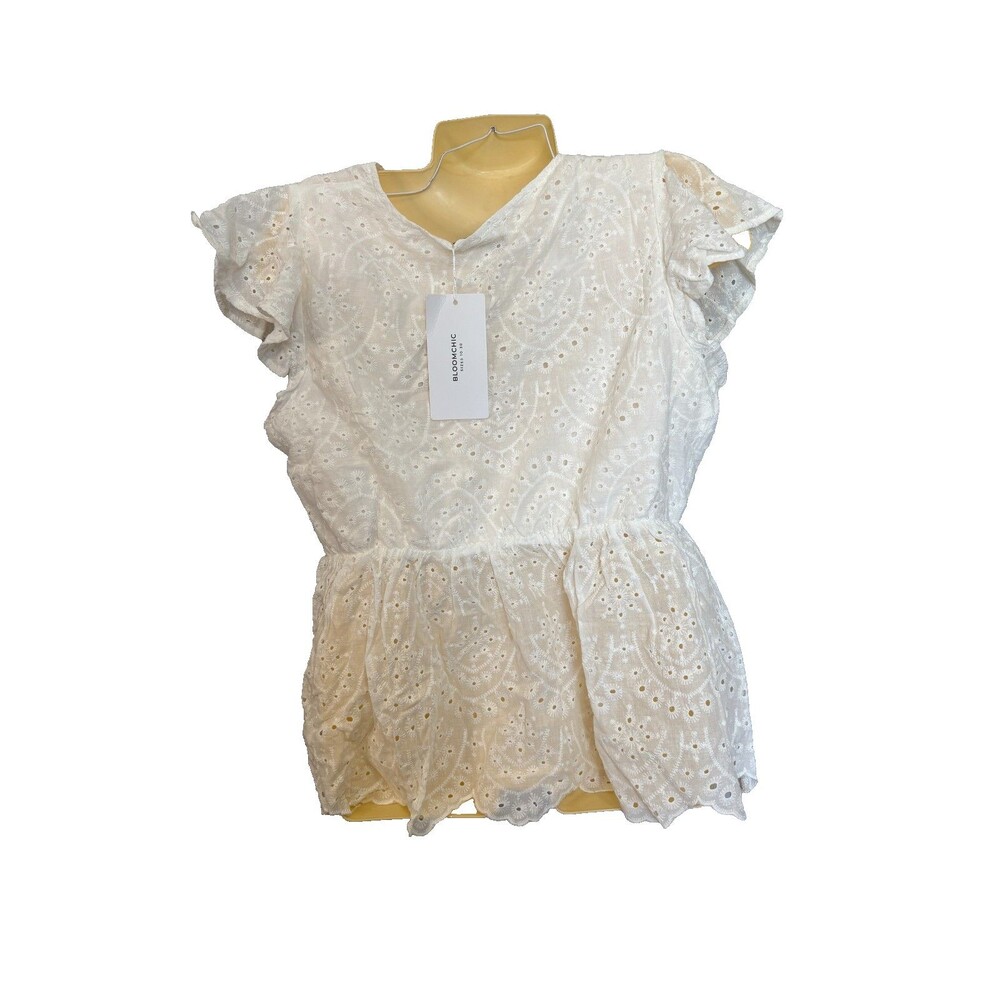 Bloomchic 10 M Solid Ruffles Scalloped Trim Laser Cut Blouse White - Picture 8 of 11